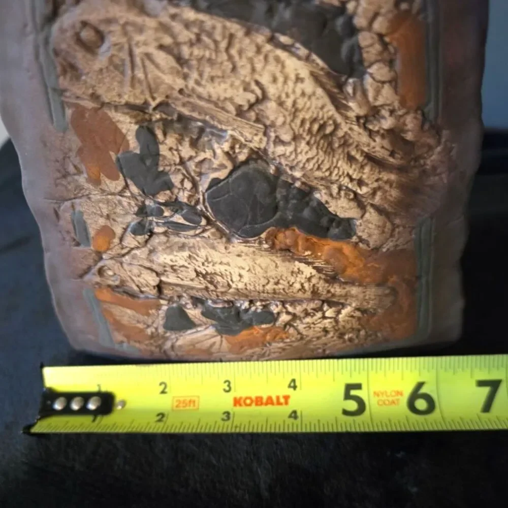 Tenmoku Pottery Malaysia Trianglular Vase Fish Leaves Motif TM300-N